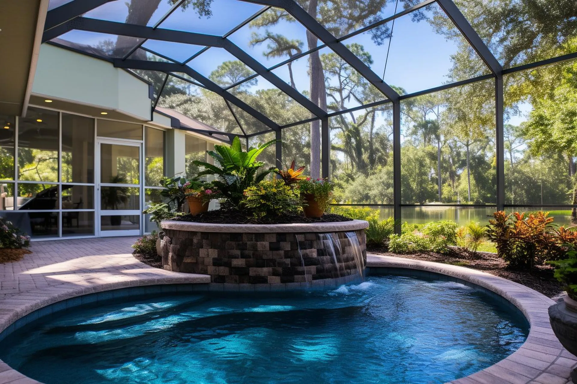 Lakefront pool enclosure stone waterfall planter, Lake Mary